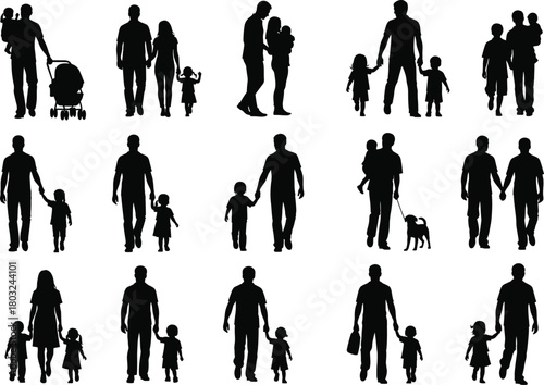 Family silhouettes with parents and children walking together, vector illustration showing love, parenting, unity, togetherness, lifestyle, and family relationship in black silhouette design