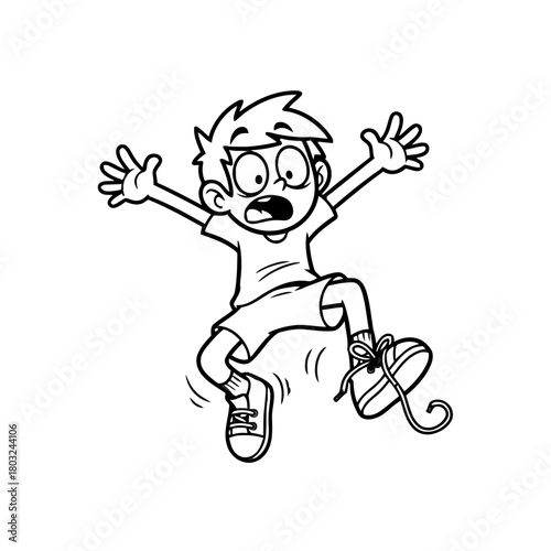 Cartoon boy with wide eyes and an open mouth, jumping in surprise or fear with his arms outstretched, isolated on transparent