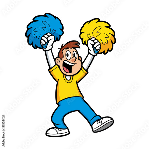 Excited boy in yellow tshirt and blue pants holding blue and yellow pompoms, cheering with arms raised, isolated on transparent
