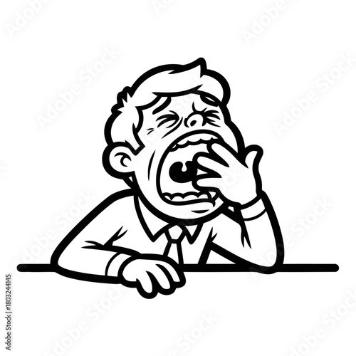 Cartoon man yawning widely, covering mouth with hand, isolated on transparent