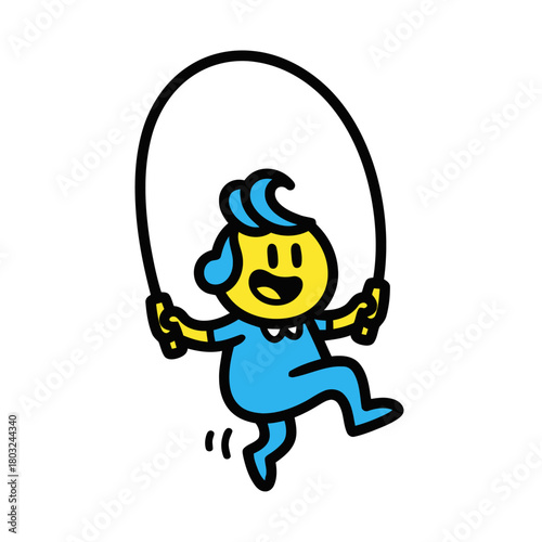 Yellow cartoon character with blue hair and blue outfit jumping rope, isolated on transparent