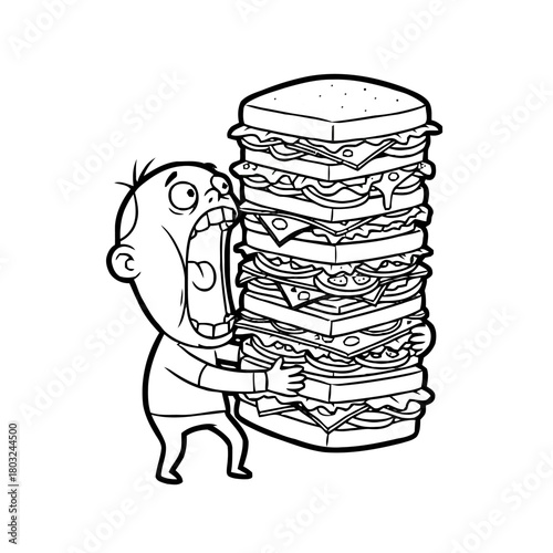 Hungry cartoon character with wide open mouth reaching for an extremely tall, multilayered sandwich, symbolizing extreme hunger or large appetite in black and drawing isolated on transparent