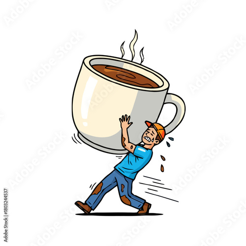 Man struggling to carry huge steaming cup coffee, spilling some, looking exhausted and dirty, isolated on transparent