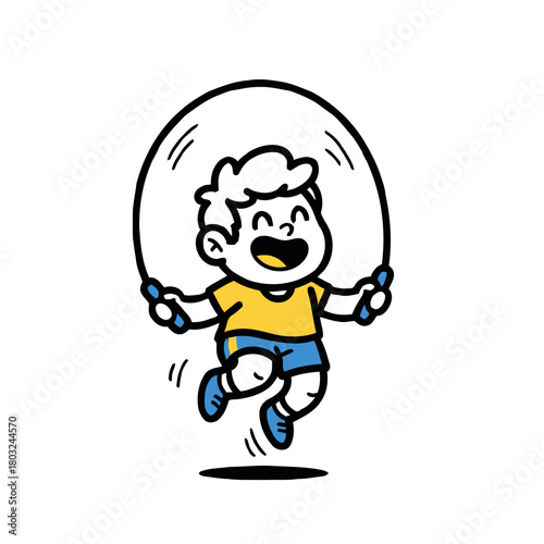 Happy child joyfully jumping rope, midair, with big smile, isolated on transparent