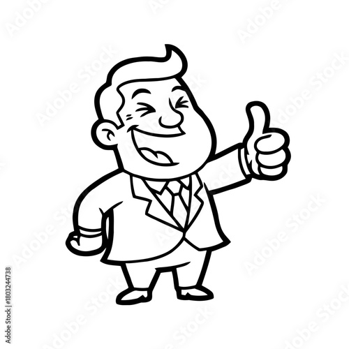 Cheerful cartoon businessman in suit giving thumbs up gesture with wide smile and closed eyes, conveying satisfaction and approval, isolated on transparent