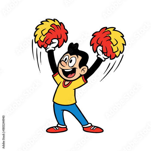 Excited cartoon boy with pom poms, isolated on transparent