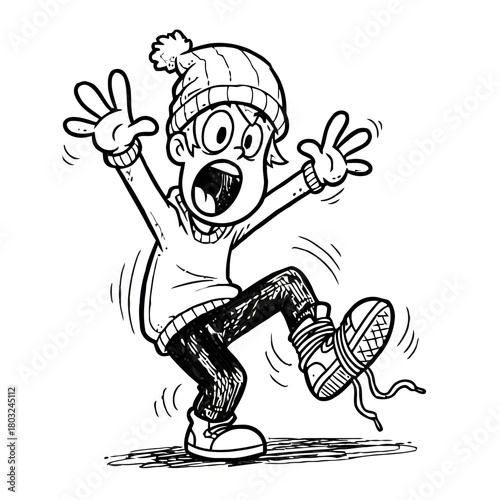 Scared child wearing winter hat and sweater, with arms outstretched and mouth open in scream, tripping over untied shoelaces, isolated on transparent