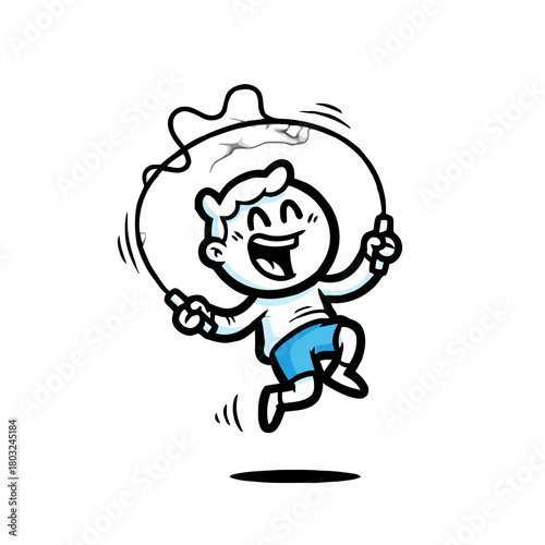 Happy cartoon boy jumping rope with big smile, isolated on transparent