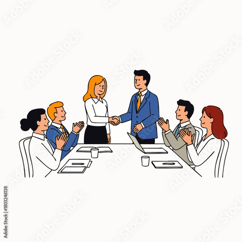 A business deal is sealed with a handshake as colleagues applaud around a conference table, celebrating their success and collaboration.
