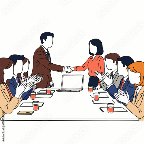 A business deal is sealed with a handshake as colleagues applaud, celebrating the successful agreement reached during the meeting.