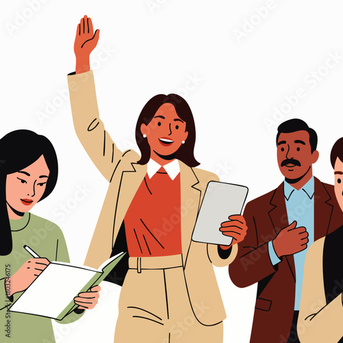 Bilde på lerret A diverse group of professionals are engaged in a meeting, with one woman raising her hand to contribute during the discussion