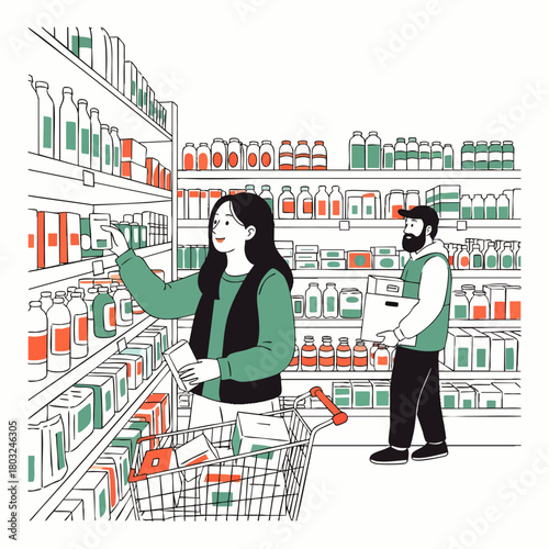 A woman selects products from a brightly lit supermarket aisle while a male employee stocks shelves in the background.