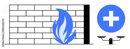 Firewall brick wall with blue flame, medical cross, and scale symbols. Ideal for cybersecurity, stability, healthcare, protection, balance safety and reliability. Simple flat metaphor