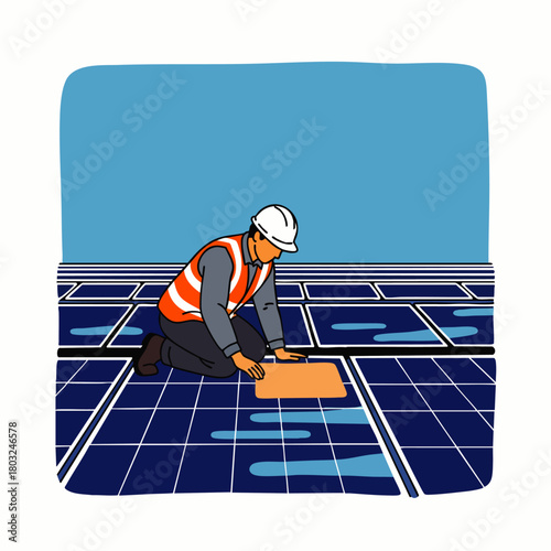 A worker in a hard hat and vest installs a solar panel, representing renewable energy and sustainable technology.
