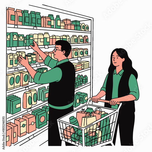 A couple shops for groceries at a supermarket, reaching for items on shelves while pushing a shopping cart filled with purchases.