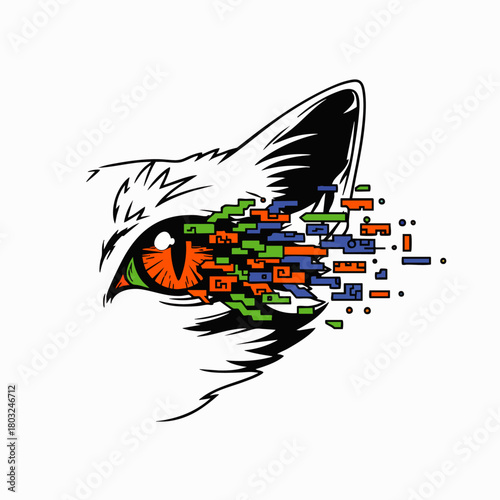A stylized illustration showcases a cat's eye with an orange iris, vibrant green pupil and digital pixelated effects, conveying a modern artistic aesthetic.