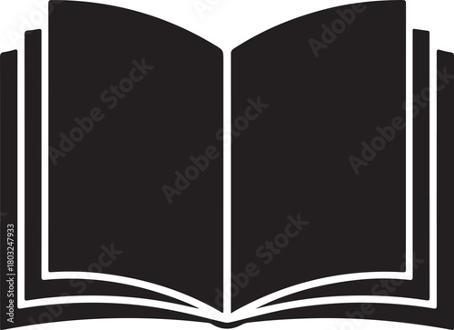 Black open book vector icon showing multiple fanned pages ready for text or information display
