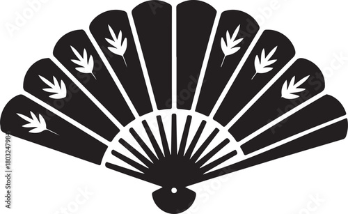 Black traditional folding hand fan vector graphic with subtle leaf pattern on an isolated background