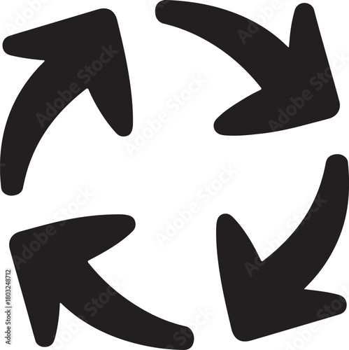 Four hand drawn vector arrows forming a continuous circular rotation symbol isolated on a dark background