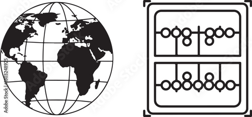 Silhouette of Globe and Abacus on White Background
