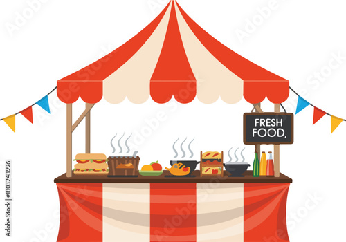 Outdoor food stall vector illustration with a red and white striped tent serving fresh street food and snacks