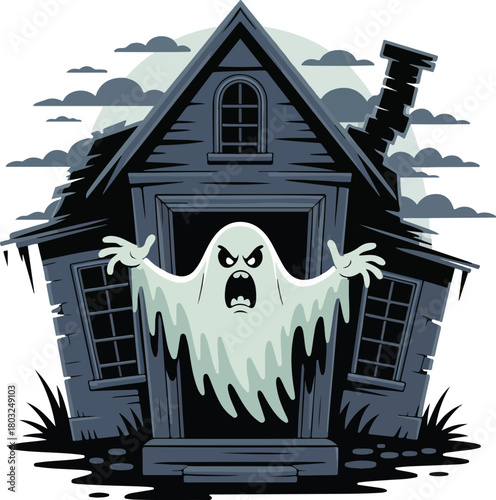 Screaming ghost vector emerging from a spooky haunted house at night with a full moon backdrop