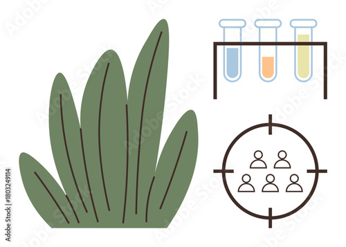 Green foliage, test tubes with liquids on a rack, and a group of people in a target frame. Ideal for sustainability, research, biotechnology, targeting audience, environment, ecology simple flat