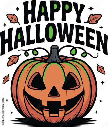 Spooky carved pumpkin vector illustration with glowing eyes and falling autumn leaves on a dark background.