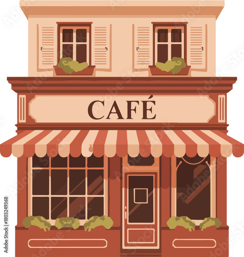 Vector illustration of a charming European street cafe building with a striped awning and visible windows