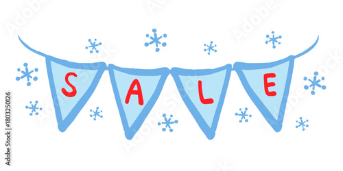 雪の結晶とセールと書いたガーランドのイラスト。Illustration of a snowflake and a garland with the word sale written on it.