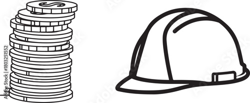 Black and White Line Art Illustration of Coins and Hard Hat