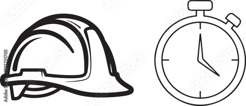 Black and White Outline of Hard Hat and Stopwatch