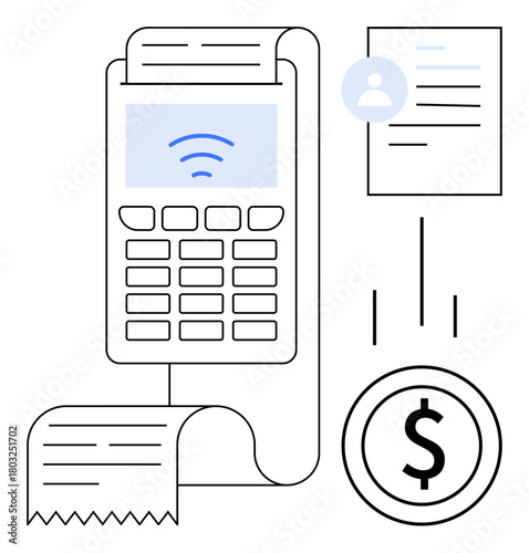POS terminal generating receipt with a dollar symbol, digital user profile, and transaction flow lines. Ideal for finance, payment processing, e-commerce, accounting, banking, invoicing