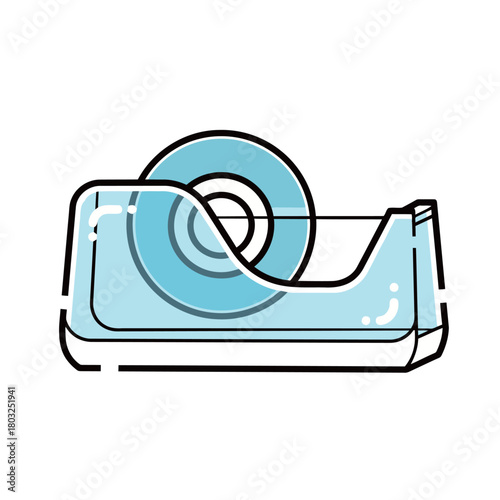 Isolated blue tape dispenser icon in flat line style with a roll of clear adhesive tape, representing office supplies, crafting, packaging, and business administrative tools