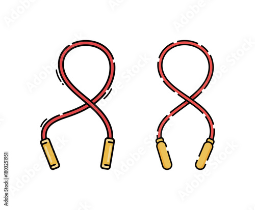 Set of two red jump ropes with yellow handles twisted in a figure-eight shape, representing fitness, exercise, cardio workout, training, and sports equipment