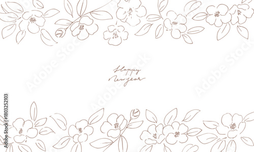 正月イラスト。年賀状にも使える椿の線画イラスト。和風の椿と植物のイラスト。椿の正月背景。
New Year's illustration. A line drawing of a camellia that can also be used for New Year's cards. Japanese-style camellia and plant illustration. Camellia 