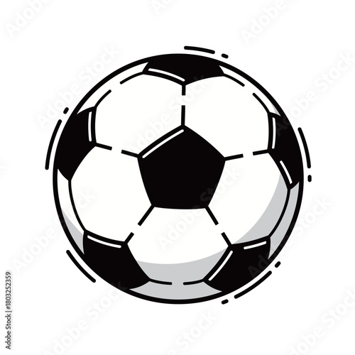 Isolated black and white classic soccer ball illustration in flat line style, representing football, team sports, competition, match, and athletic game equipment