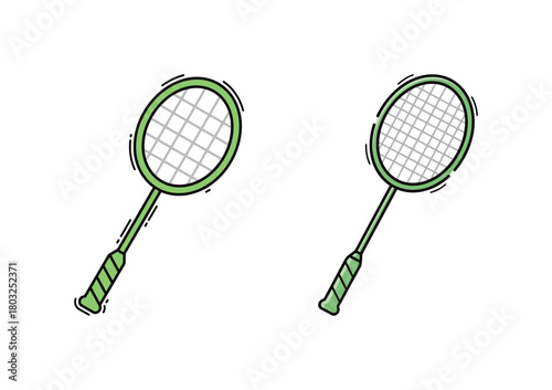 Pair of green badminton or tennis racket illustrations in flat line style, representing court sports, recreation, leisure, and competitive athletic equipment