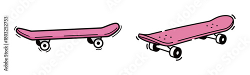 Set of two pink skateboards in flat line style from different angles, representing extreme sports, street culture, urban mobility, and youth lifestyle activity
