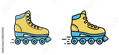 Pair of yellow and blue retro roller skates illustrations in flat line style with speed lines, representing roller skating, retro fun, leisure activity, and vintage sports