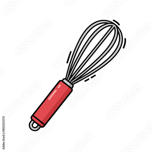 Isolated illustration of a metal wire whisk with a red handle in flat line style, representing cooking, baking, kitchen utensils, and food preparation tools