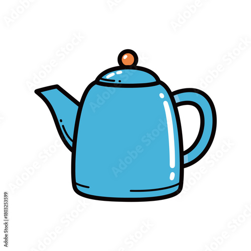 Isolated blue metal teapot or kettle illustration in flat line style, representing hot beverage preparation, tea time, kitchenware, and cooking concepts