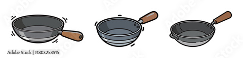 Set of three illustrations of cast iron frying pans or skillets with wooden handles in flat line style, representing cooking tools, kitchenware, and food preparation