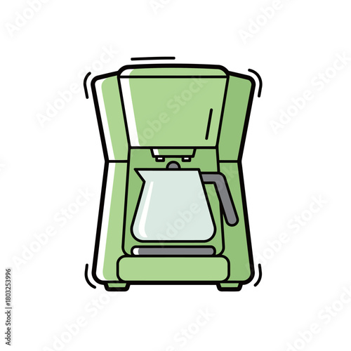 Isolated front view illustration of a light green electric drip coffee maker with a carafe, representing morning routine, kitchen appliance, and brewing hot beverages