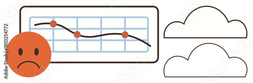 Line graph with downward trend and red markers, sad face symbolizing disappointment, outlined clouds indicating challenges. Ideal for analysis, business, growth, crisis, finance, performance or