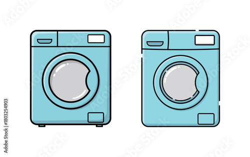 Pair of front-loading blue washing machine illustrations in flat line style, representing laundry, household chores, cleaning clothes, and domestic appliance technology