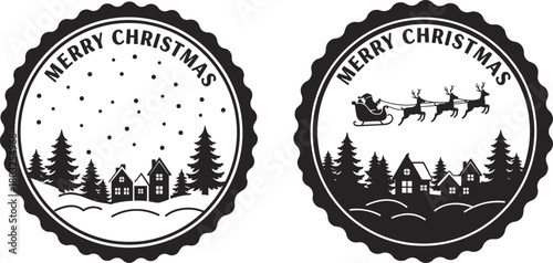 Black and white Christmas village scene with Santa sleigh and reindeer in circular seal