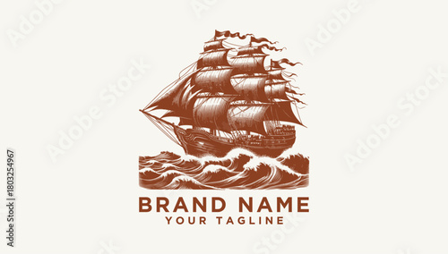 Majestic tall ship navigating stormy waters, a classic maritime adventure vector logo illustration