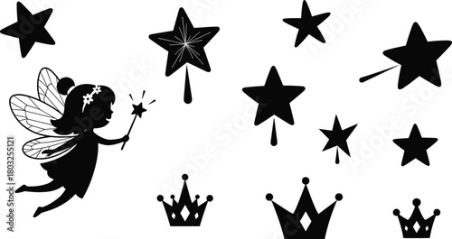 Black silhouette of a flying fairy with a wand surrounded by stars and crowns white
