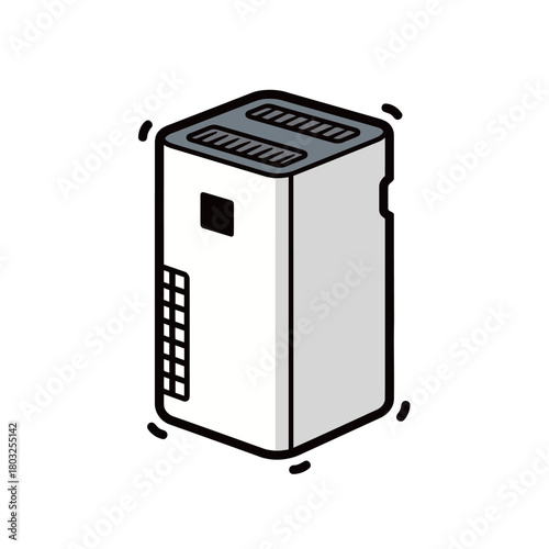 Isolated white air purifier or humidifier illustration in flat line style, representing home air quality, health, comfort, and household electronic appliance